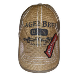 Red Stripe Woven Straw Beer Trucker Hat with detail